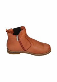 Leder-Stiefeletten in verbranntem Orange mit einem seitlichen Reißverschluss, weicher Textur, runder Zehenform und einer niedrigen, strukturierten Gummisohle.
