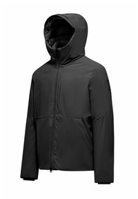 Giacca nera con cappuccio, realizzata in materiale liscio e resistente all'acqua. Presenta una cerniera frontale e un design a pannelli in contrasto sul torso.