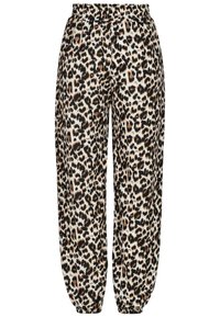Pantalons imprimés léopard en tissu léger ; avec une taille élastique et des poignets fuselés ; couleurs disponibles : crème, noir et marron.