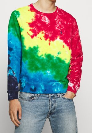 Colorful tie-dye sweatshirt featuring red, yellow, green, and blue patterns. Made of soft fabric with a crew neckline and ribbed cuffs.