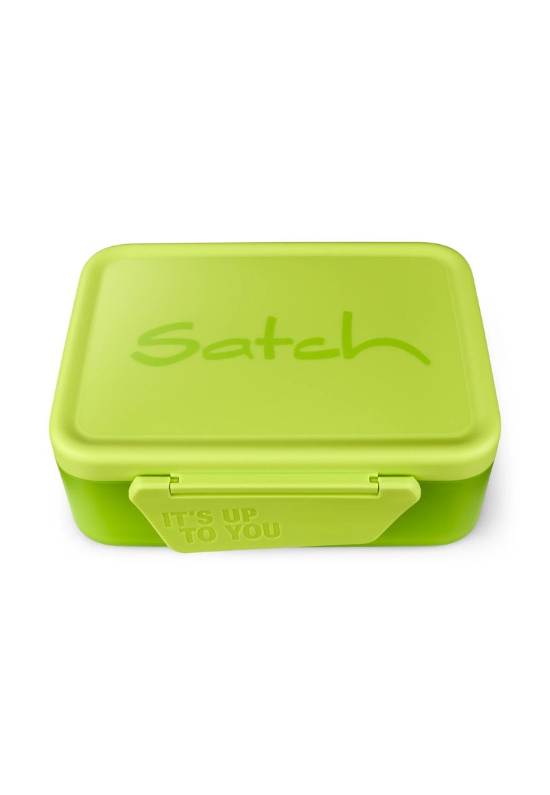 Green plastic lunchbox with a lid, featuring the text "Satch" and the phrase "IT'S UP TO YOU," smooth surface, rectangular shape, and clip closure.