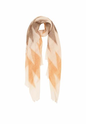 Lightweight scarf with a soft fabric, featuring abstract diagonal stripes in beige, brown, and orange tones, loosely draped.