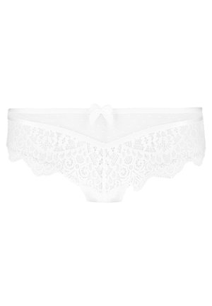 Witte kantene onderbroek met bloemmotief kantafwerking, stipjes doorzichtig materiaal en een strikaccent aan de voorkant. Golfranden versterken het ontwerp.