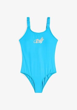 Ryškiai mėlynas vientisas maudymosi kostiumėlis su surenkamomis petnešėlėmis, krūtinėje mažas oranžinis O'Neill logotipas. Lygus, tamprus audinys.