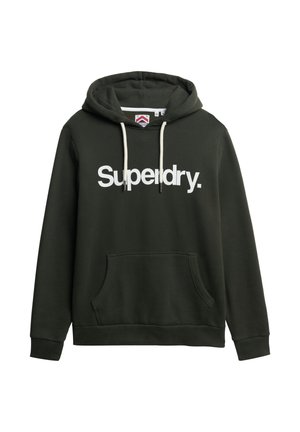 Donkergroene hoodie van zachte stof, met een witte "Superdry." logo aan de voorkant, een trekkoordhoed en een kangoeroezak.