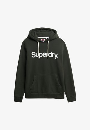 Donkergroene hoodie van zachte stof, met een witte "Superdry." logo aan de voorkant, een trekkoordhoed en een kangoeroezak.