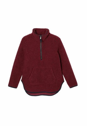 Burgundy fleece jacket with a high collar and zip closure. The cuffs feature a navy and cream striped shirt with button detail.