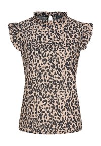 T-shirt s uzorkom leoparda i kratkim rukavima, s volanima na dekolteu i prorezom na leđima, u nijansama bež i crne.