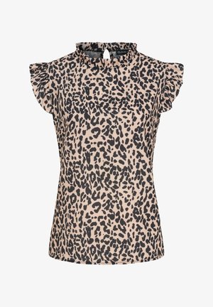 Leopardenmuster Kurzarmoberteil mit Rüschenausschnitt und Schlüssellochdetail auf der Rückseite, in Beige- und Schwarztönen.