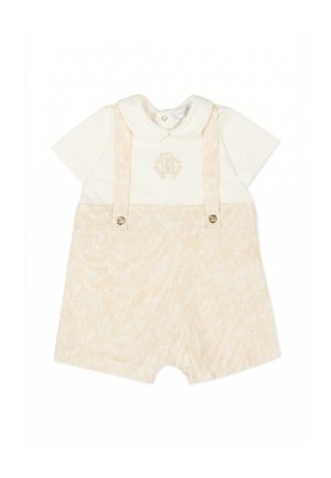 Tutina per neonati crema e bianca con maniche corte, colletto alla Peter Pan, logo ricamato sul petto e bretelle con motivo e bottoni dorati.