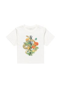 Bílý tričko s krátkým rukávem, které má centrální design s květinami a hadem obklopujícím písmena "RVCA." Bavlněná tkanina.
