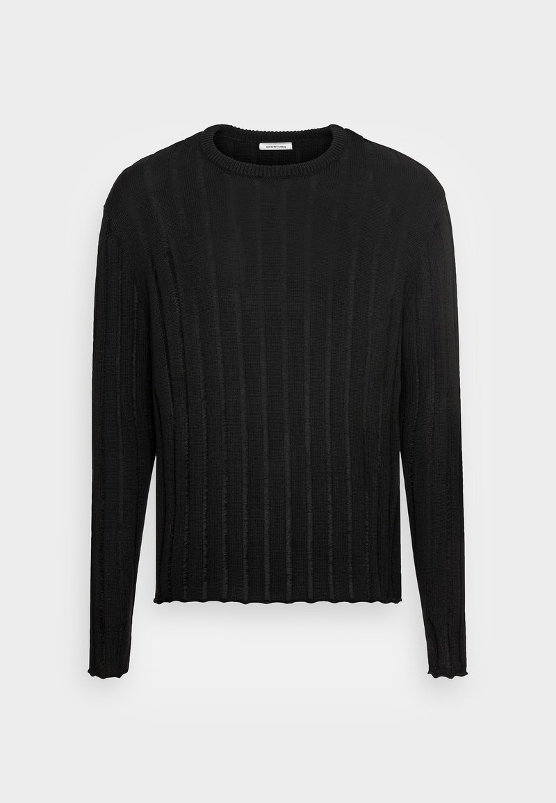 Maglione nero lavorato a maglia con scollatura rotonda, maniche lunghe e texture a coste verticali. L'orlo ha un delicato bordo ondulato.