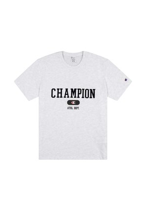 Tricou din bumbac gri, cu un text negru îndrăzneț "CHAMPION", cu un mic logo sub "ATHL. DEPT." și o etichetă logo pe mâneca stângă.