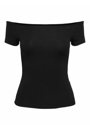 Zwart off-the-shoulder shirt met korte mouwen, aansluitend ontwerp, gladde, elastische stof en een subtiele glans. Geen zichtbare patronen of hardware.