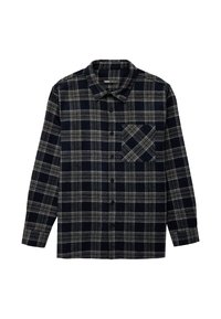 Koszula flanelowa zapinana na guziki w kratę w kolorach granatowym i beżowym. Posiada kołnierzyk, długie rękawy oraz kieszonkę na piersi w dopasowanym wzorze.