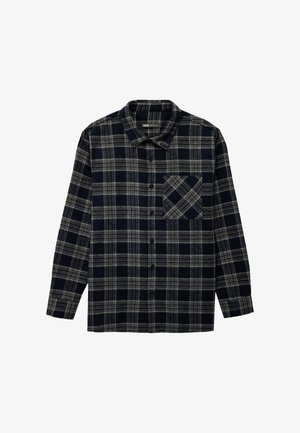 Gestreifte Flanellhemd in Marineblau und Beige. Verfügt über einen kragen, lange Ärmel und eine Brusttasche mit passendem Muster.