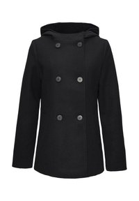 Manteau noir en mélange de laine, avec un design croisé, capuche et boutons noirs, texture lisse et coupe cintrée.