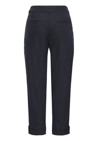 Pantalon en lin bleu marine foncé, coupe droite, avec deux poches arrière et poignets à boutons à l'ourlet pour ajuster la longueur.