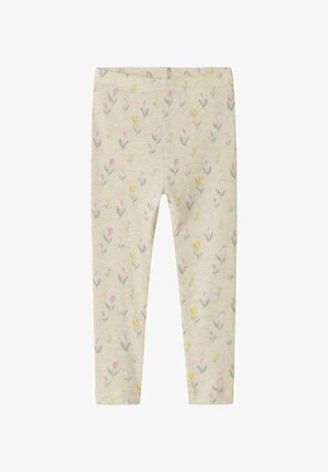 Helle beige Leggings mit geripptem Muster und floralem Design, das rosa und gelbe Blumen auf grünen Stängeln zeigt. Elastischer Bund.