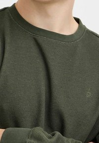 Felpa crew-neck in verde oliva con texture, caratterizzata da polsini a costine e sottili dettagli di cucitura. Il materiale appare morbido e caldo.