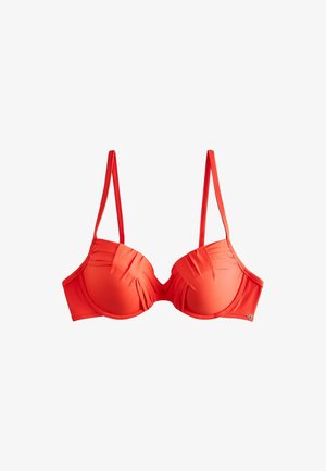 Roter gepolsterter BH mit Bügel und dünnen verstellbaren Trägern, mit leichten Falten an den Cups und einer glatten Stoffoberfläche.