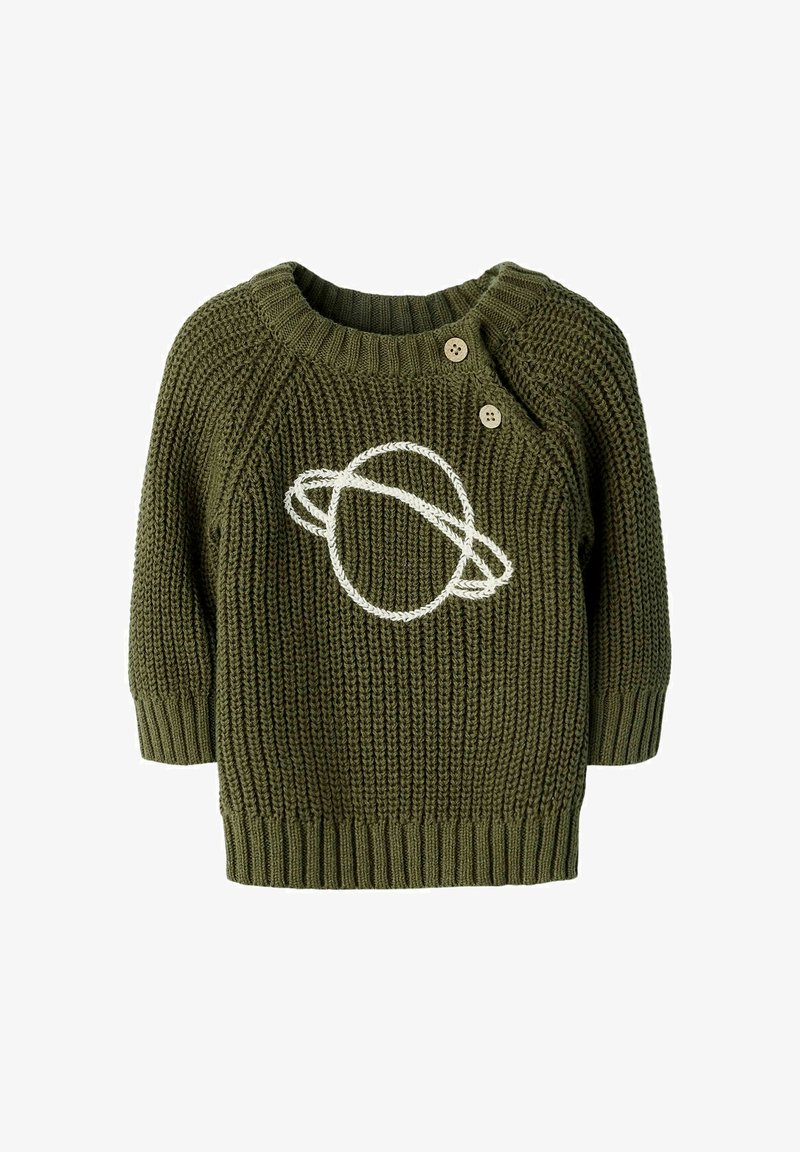 Pull bébé tricoté vert avec deux boutons aux épaules et un motif de planète blanche avec des anneaux sur le devant.