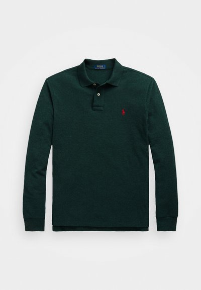 Long-sleeve polo shirt in dark green cotton, featuring a collared neckline, two buttons, and a small red logo on the left chest.