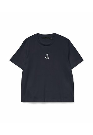 Marineblaues T-Shirt mit kurzen Ärmeln, einem kleinen weißen Ankersymbol mittig auf der Brust und rundem Ausschnitt.