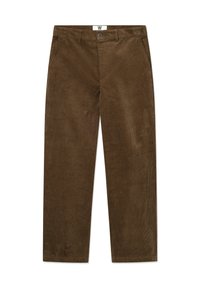Bruine corduroy broek met een recht ontwerp, voorzien van een knoopsluiting en zijzakken. Zachte textuur met zichtbare ribbelpatroon.