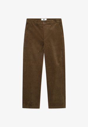 Brown corduroy pants with a straight leg design, featuring a button closure and side pockets. Soft texture with visible ribbed pattern.