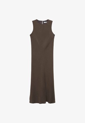 Maksymalnie dopasowana, brązowa sukienka bez rękawów o prostym kroju. Gładka tekstura, długość do kolan, z zamkiem błyskawicznym z tyłu i bez widocznych wzorów.