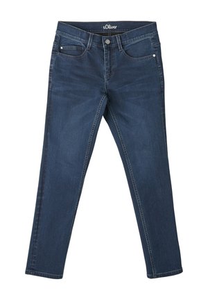 Ciemnoniebieskie jeansy slim fit z pięcioma kieszeniami, zapinane na guzik, z szlufkami na pasek, oznaczone marką "s.Oliver" na wewnętrznej stronie pasa.