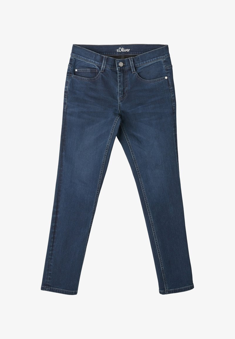 Jean slim bleu foncé avec cinq poches, fermeture par bouton et passants de ceinture, marqué "s.Oliver" sur la ceinture intérieure.