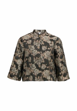 Czarna krótka kurtka z szerokimi rękawami, wysokim kołnierzem, pojedynczym złotym guzikiem i metalicznym różanym wzorem w brokat.