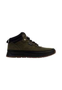 Zapato de senderismo de media caña en verde olivo y negro, con un upper texturizado, ojales de metal y una suela de goma resistente con una plantilla marrón.