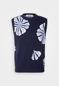 Gestricktes ärmelloses Oberteil in Marineblau mit hellblauen Blumenmustern. Verfügt über einen gerippten Rundhalsausschnitt und eine glatte Textur.