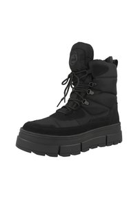 Stivale invernale nero con tomaia imbottita, chiusura con lacci, suola in gomma con battistrada spesso e un patch circolare logo sulla linguetta.