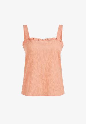 Haut court sans manches couleur pêche avec encolure froufroutée et tissu texturé, présentant de larges bretelles.