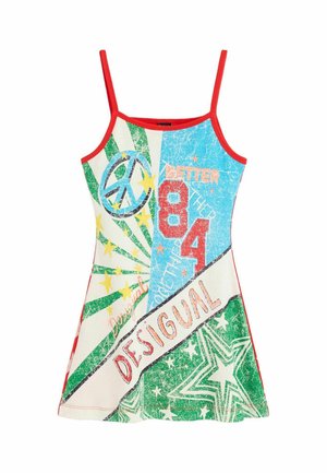 Farbiges ärmelloses Kleid mit roten Trägern, mit Peace-Zeichen, Sternen, dem Schriftzug „Better 84“ und dem Markennamen „Desigual“ in einem lebendigen, grafischen Design.