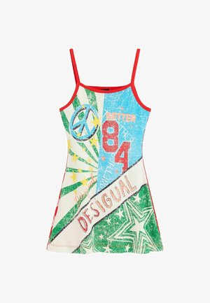 Vestido sin mangas colorido con tirantes rojos, con símbolo de la paz, estrellas, texto "Better 84" y nombre de la marca "Desigual" en un diseño gráfico vibrante.