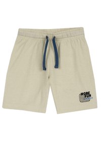 Shorts en coton beige avec une taille élastique et un cordon bleu. Présente un graphique imprimé disant "PLUS DE FUN" en noir et bleu.