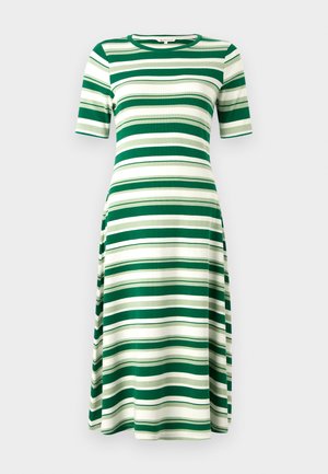Vestido riscado em verde e branco, feito de um tecido suave, com mangas curtas e decote redondo, de forma fluida em A, até ao joelho.