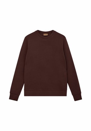Brauner Sweatshirt aus einem weichen Stoff, mit Rundhalsausschnitt, langen Ärmeln und gerippten Bündchen und Saum. Einfaches, einfarbiges Design.