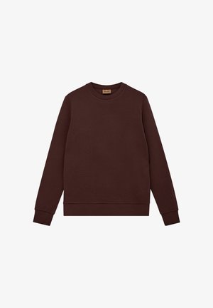 Rjav sweatshirt izdelan iz mehkega materiala, z okroglim izrezom, dolgimi rokavi ter rebrastimi manšetami in robom. Preprost, enobarven dizajn.