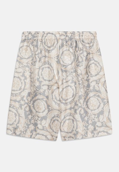 Cotton-blend shorts with a gray background featuring ornate cream floral and leafy patterns; elastic waistband for comfort.