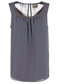 Blusa senza maniche grigia realizzata in tessuto morbido, con un colletto arricciato decorato con un bordo di perline e una sottile apertura sul retro.