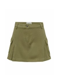 Gonna di jeans verde oliva con vita aderente, due tasche laterali e orlo svasato. Caratterizzata da chiusura con bottoni e dettagli di cucitura.