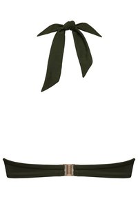 Sada olivově zeleného bikinového plavky s bandeau topem na uzel a spodním dílem s detaily zlaté spony. Hladká textilie.