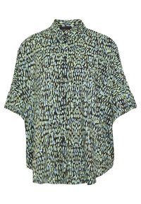 Volná košile s krátkým rukávem a vysokým límcem, s abstraktním vzorem v světle modré, žluté a černé barvě.