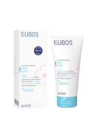 EUBOS lotion packaged in a white tube with a blue base, featuring blue and pink text. The box displays a pink flower design. 200 ml size.